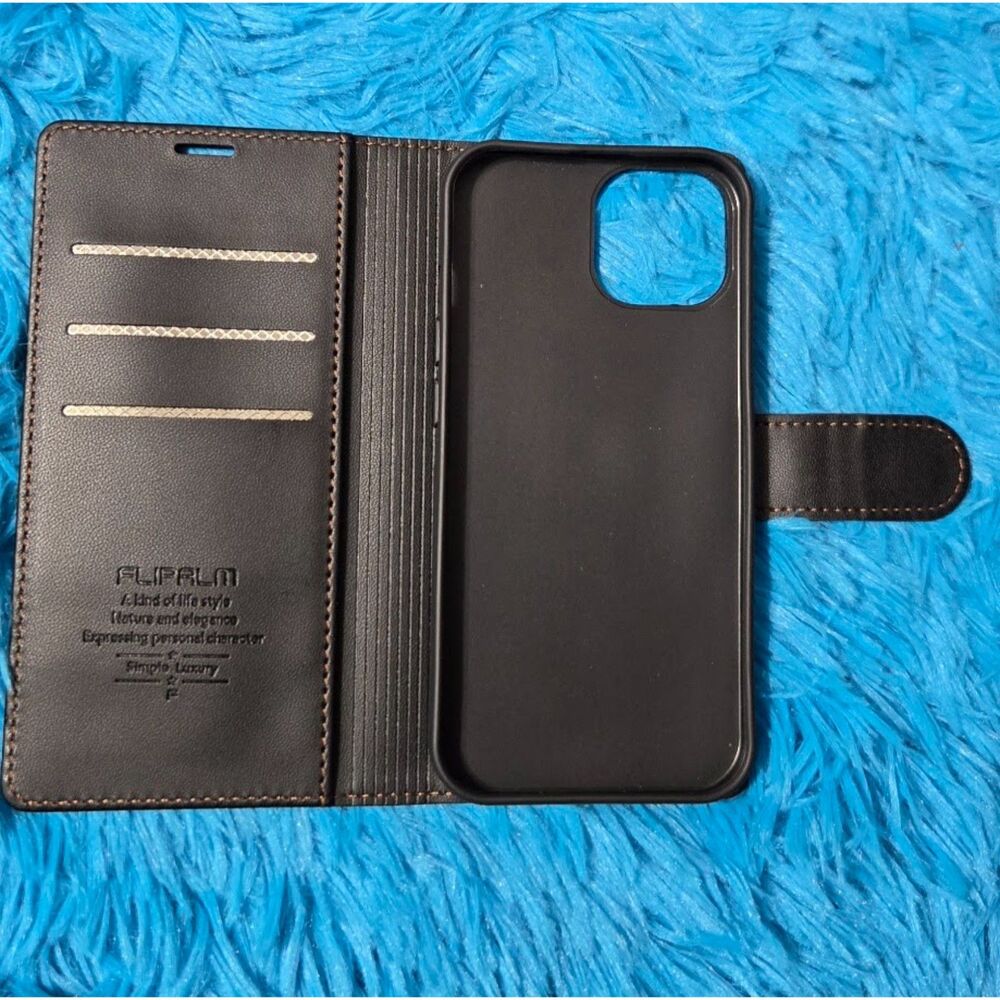 Flipalm iPhone 15-6.1" Wallet Case RFID Blocking, Kickstand, Shockproof - Black